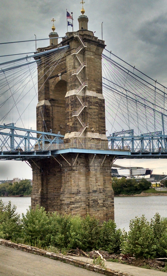 The towers of the John A. Roebling Suspension Bridge between Cincinnati, Ohio, and Covington, Kentucky, are clad in Buena Vista Freestone. The towers of the John A. Roebling Suspension Bridge between Cincinnati, Ohio, and Covington, Kentucky, are clad in Buena Vista Freestone.