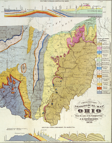 The first official geological map of Ohio, created in 1870, identified the geological member containing BuenaVista Freestone as the "Waverly Group." That designation, from the Pike County town of Waverly where the stone was once quarried, was later abandoned. The first official geological map of Ohio, created in 1870, identified the geological member containing BuenaVista Freestone as the "Waverly Group." That designation, from the Pike County town of Waverly where the stone was once quarried, was later abandoned.